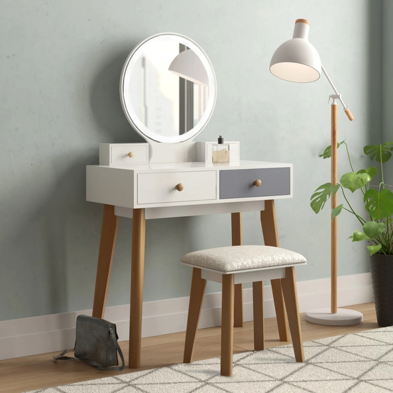 UBesGoo Vanity Set with Touch Screen Mirror 3 Color Lighting Modes Dressing Table with 4 Sliding Drawers Modern Bedroom Makeup Table and Cushioned Stool Set White Color ubesgoo
